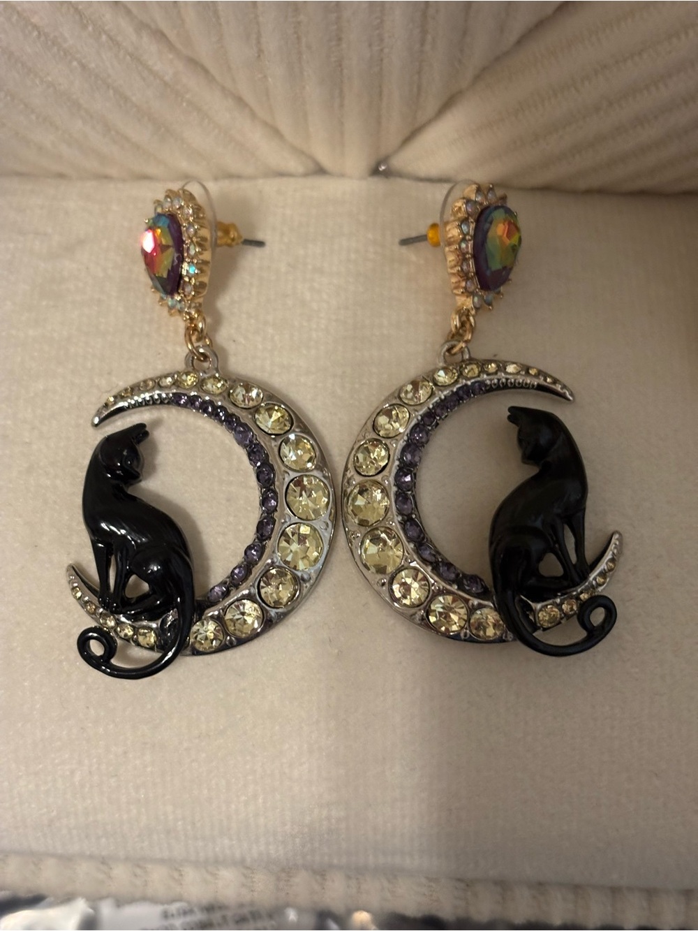 Betsey Johnson Black Cat Crescent Moon Drop Earrings with Iridescent Gems